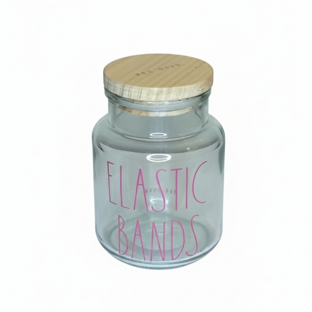 NEW Rae Dunn Clear Elastic Bands Jar with Tan Wooden Lid and Lilac Lettering